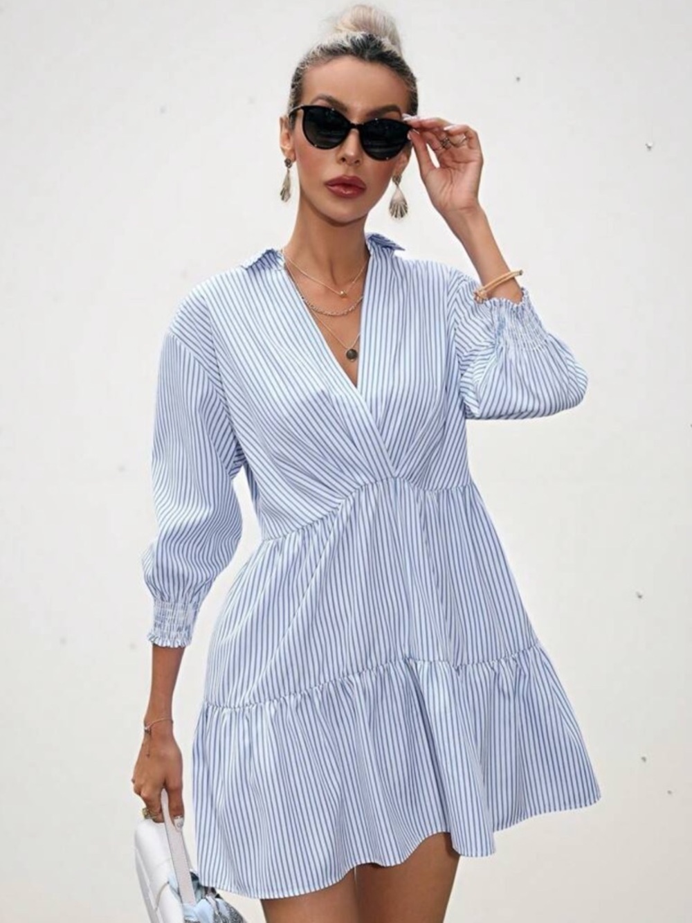 Blue Striped Wrap Mini Casual Dress – S